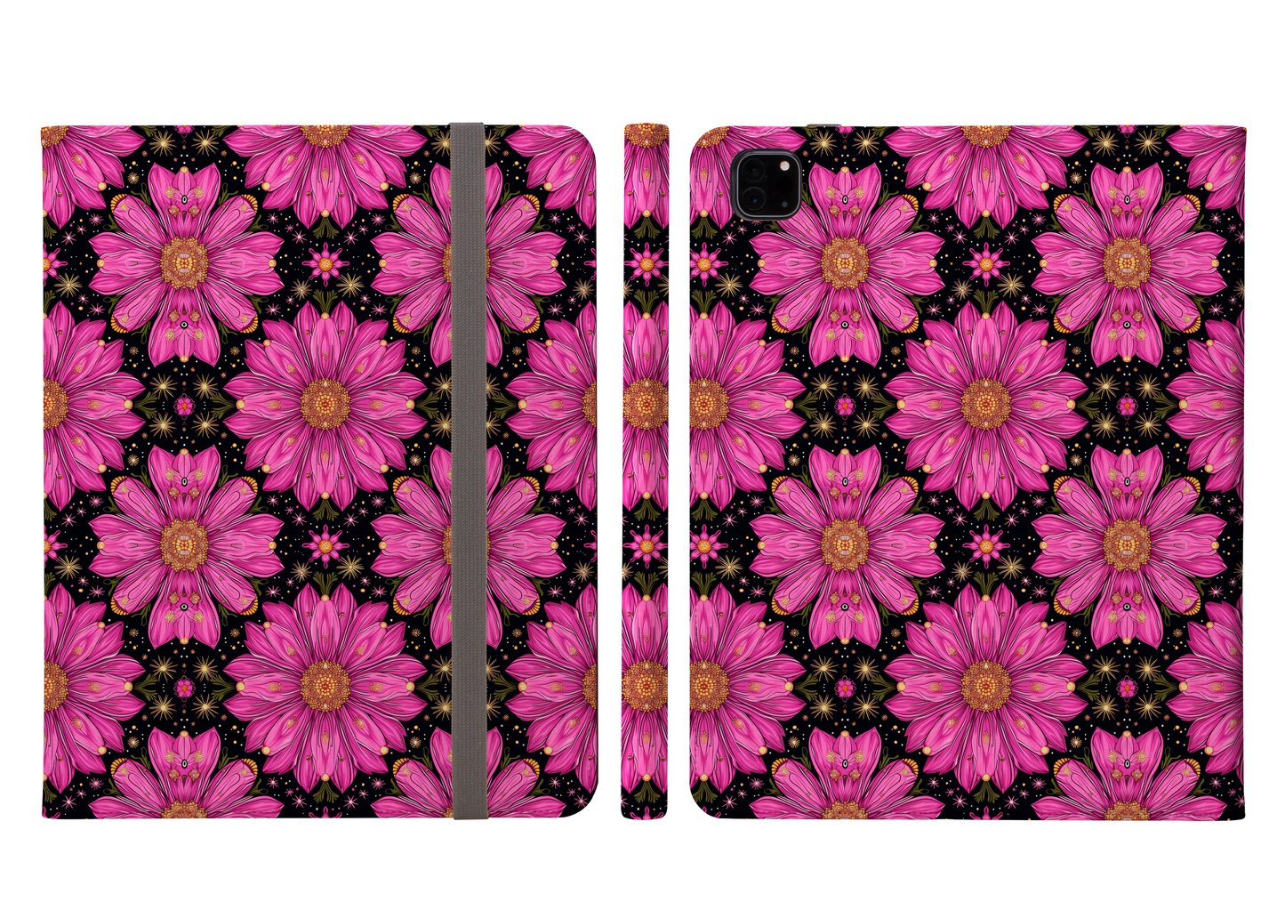 Stellar Vibrant Pink Flowers in Magical Starry Night Ipad Pro 11 & Pro 12.9 Protective Case and Pencil Holder