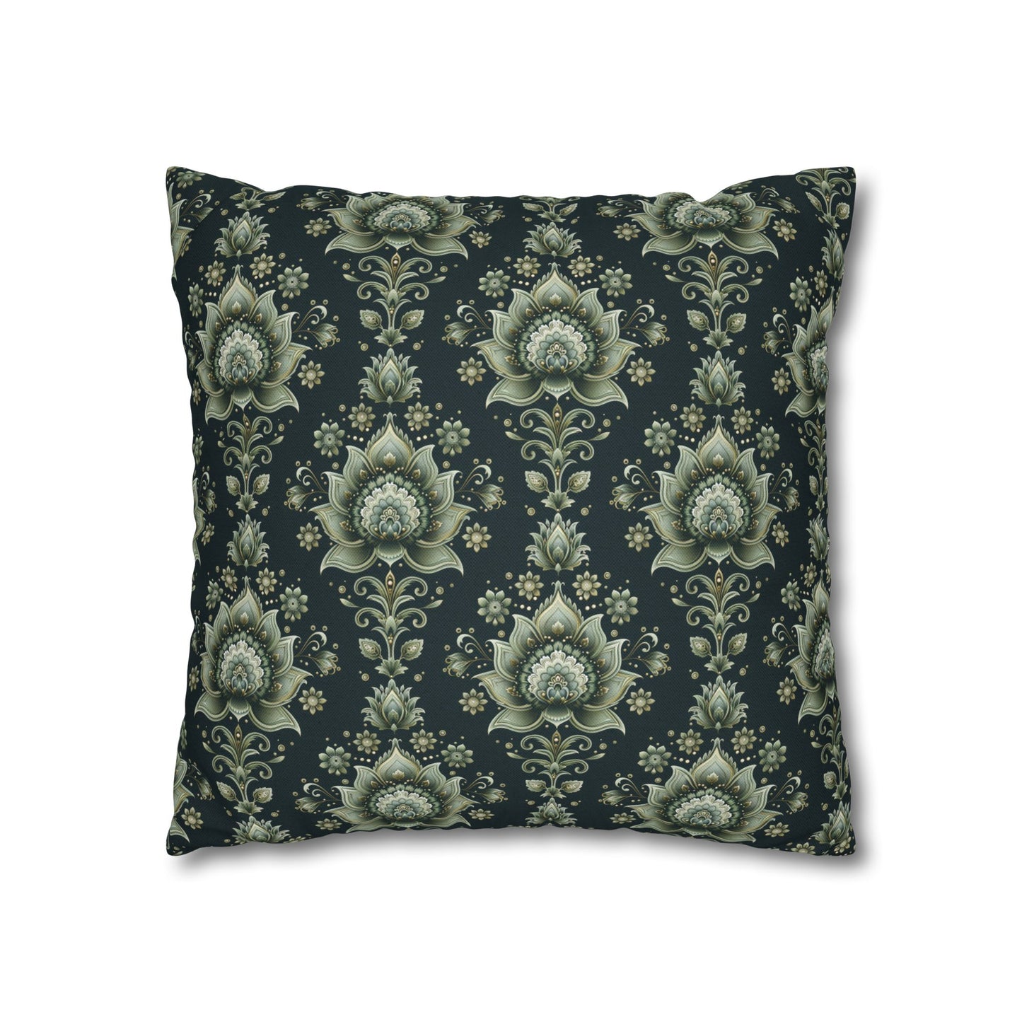 Ornate Green Mandala with Golden Accents on Dark Background Polyester Square Pillowcase 4 Sizes