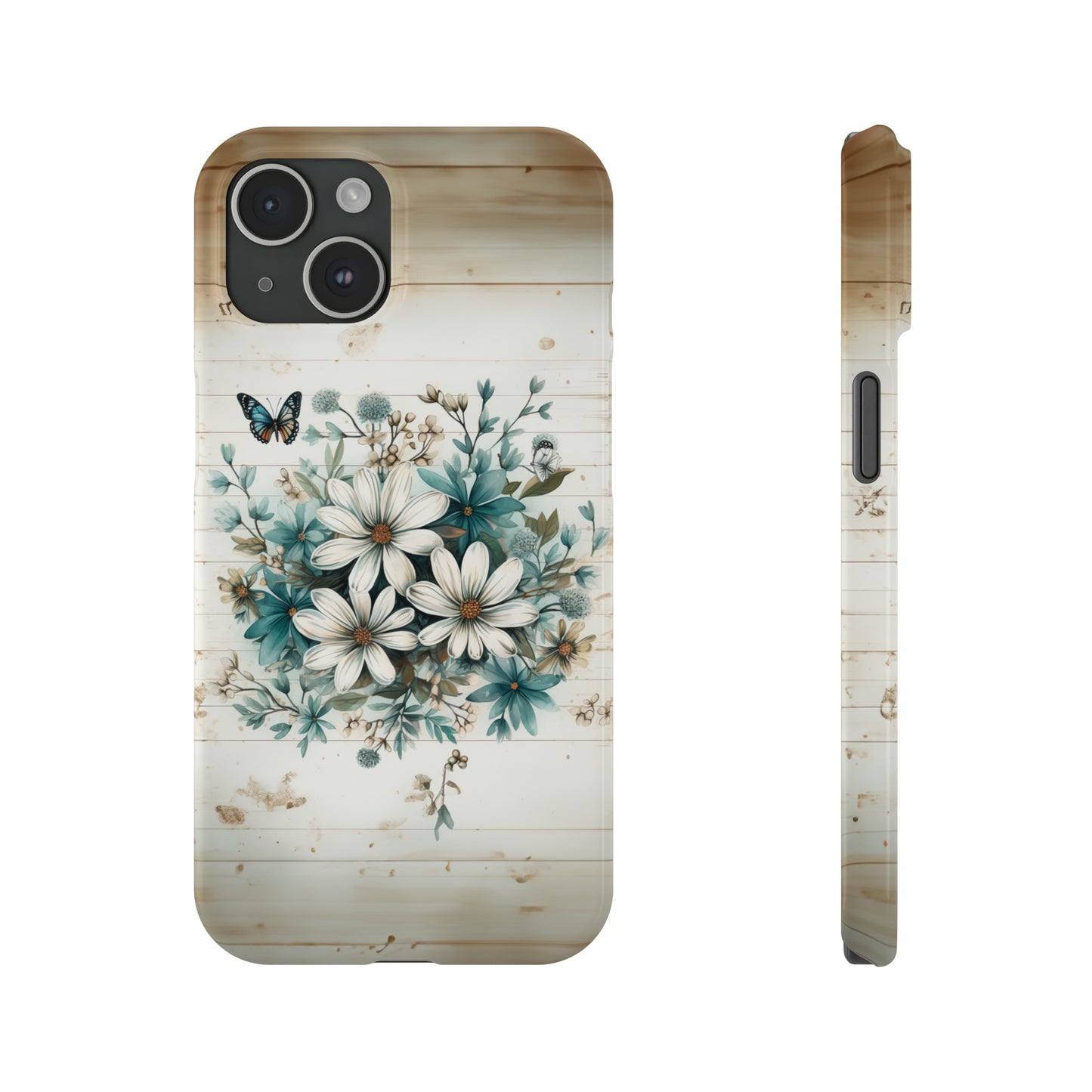 Rustic Charm Bouquet featuring Teal Accents White Wild Daisies with Butterflies  Iphone 15-12 Slim Phone Case