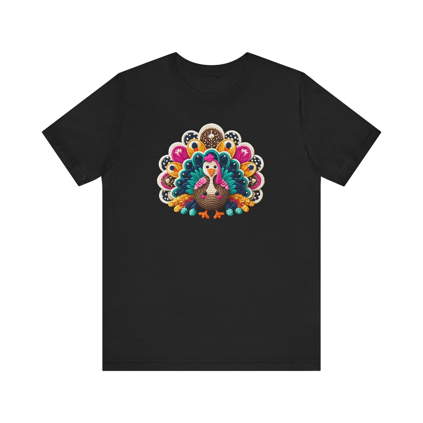 Turkey Fall Thanksgiving Faux Crochet Print Jersey Short Sleeve T-shirt