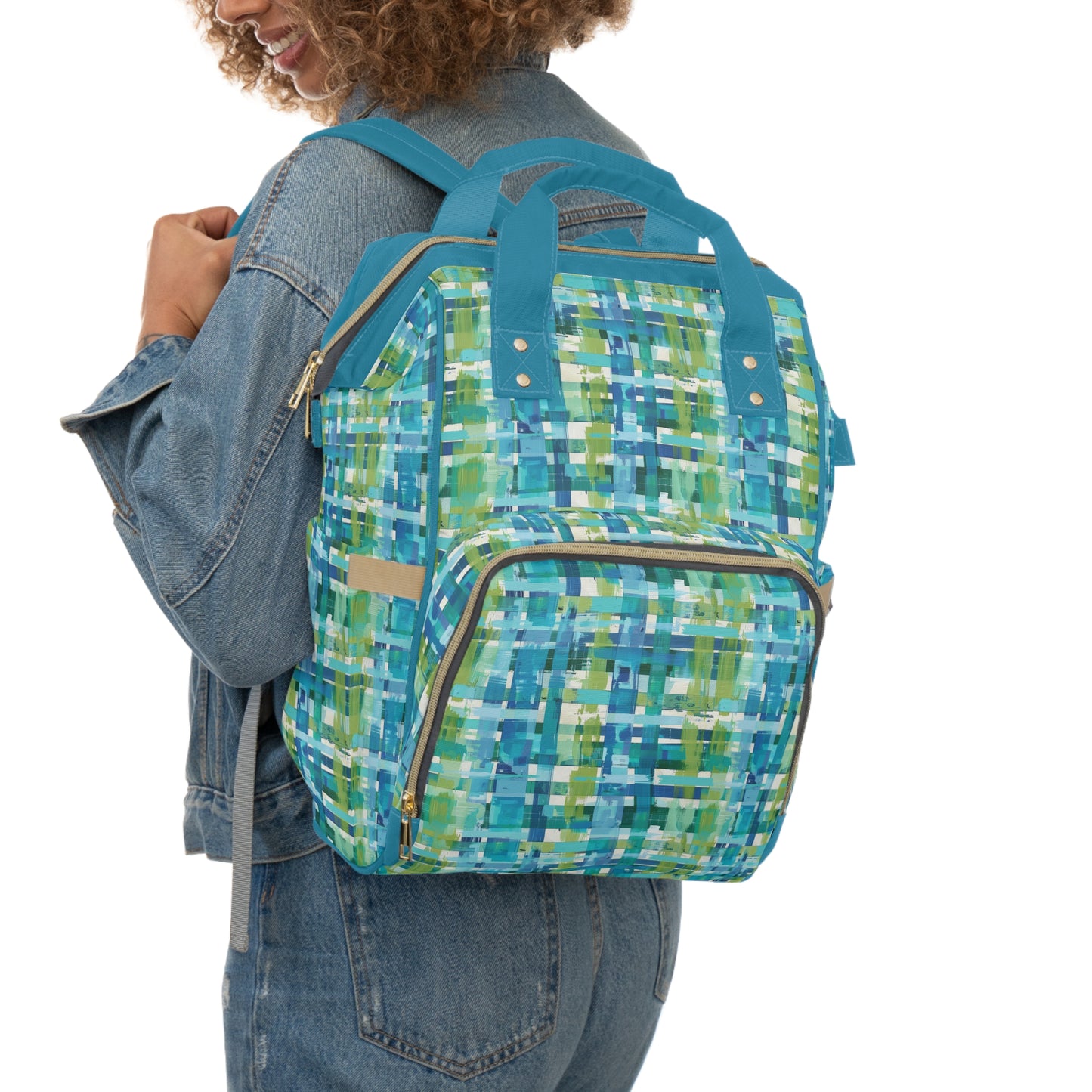 Enchanted Lagoon: Vibrant Green and Blue Abstract Plaid Multifunctional Diaper Backpack