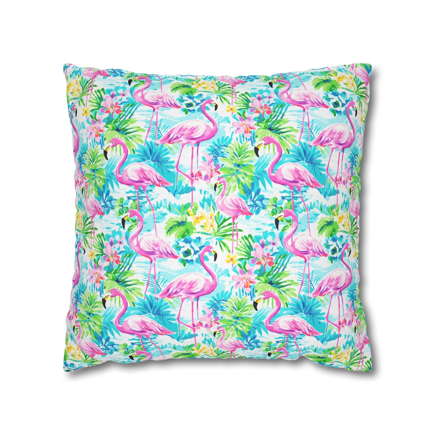 Tropical Flamingo Haven: Surrounded by Flowers and Palm Trees Spun Polyester Square Pillowcase 4 Sizes