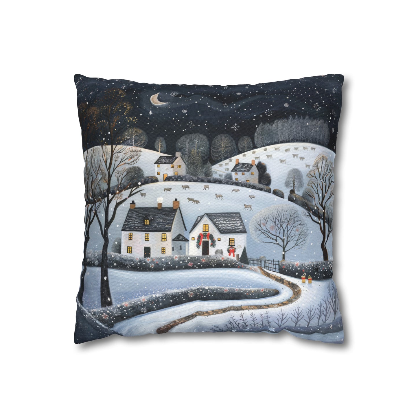 Starry Serenity: Rolling Hills on a Snowy Night, Stars Sparkling in the Sky Spun Polyester Square Pillowcase 4 Sizes