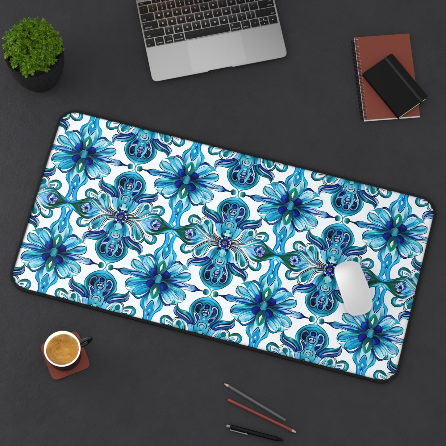 Vibrant Tapestry of Teal and Blue Flowers Extended Gaming Mouse Pad  Desk Mat  - 3 Sizes