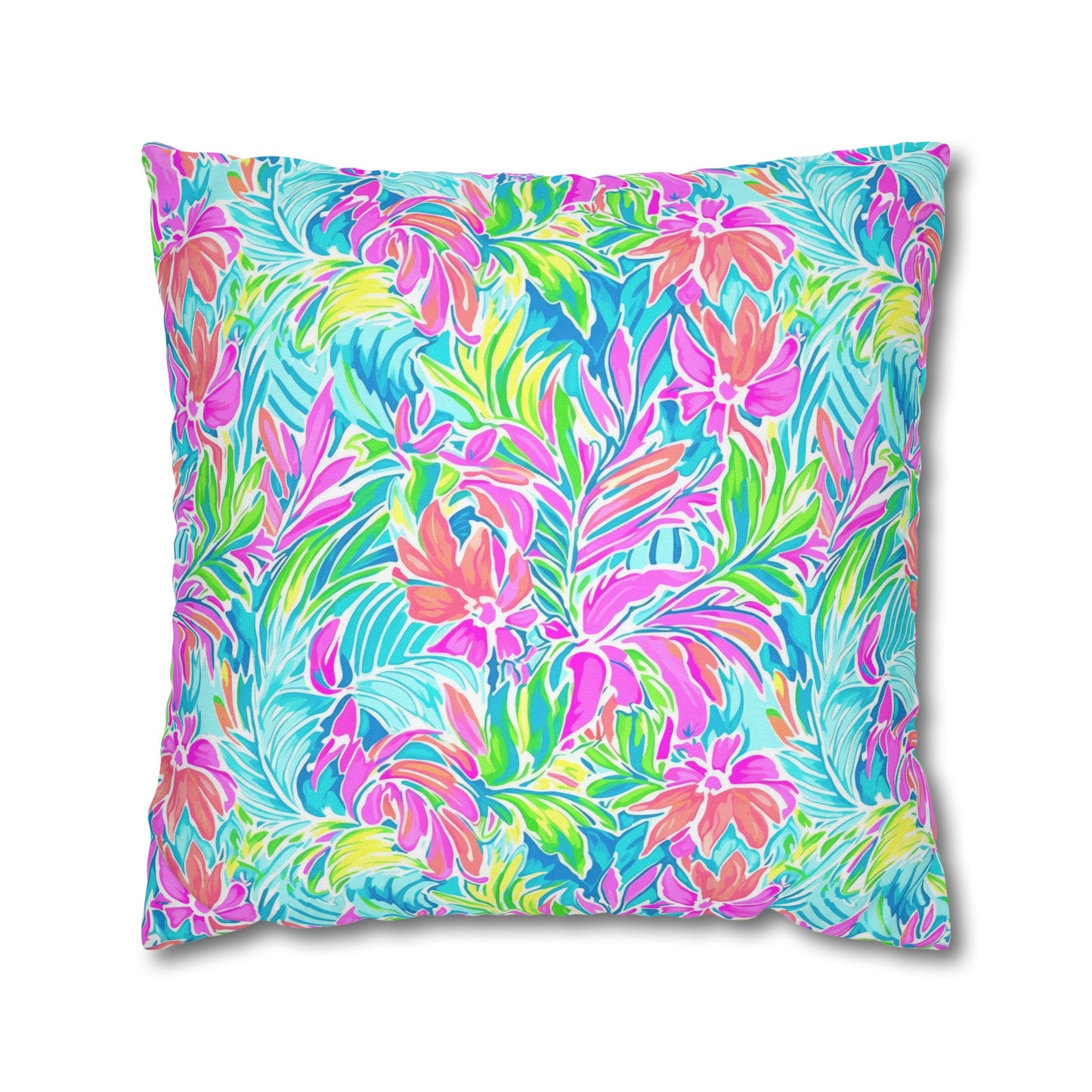 Neon Tropics: Vibrant Rainbow Flowers and Palm Leaves in Electric Splendor Spun Polyester Square Pillowcase 4 Sizes