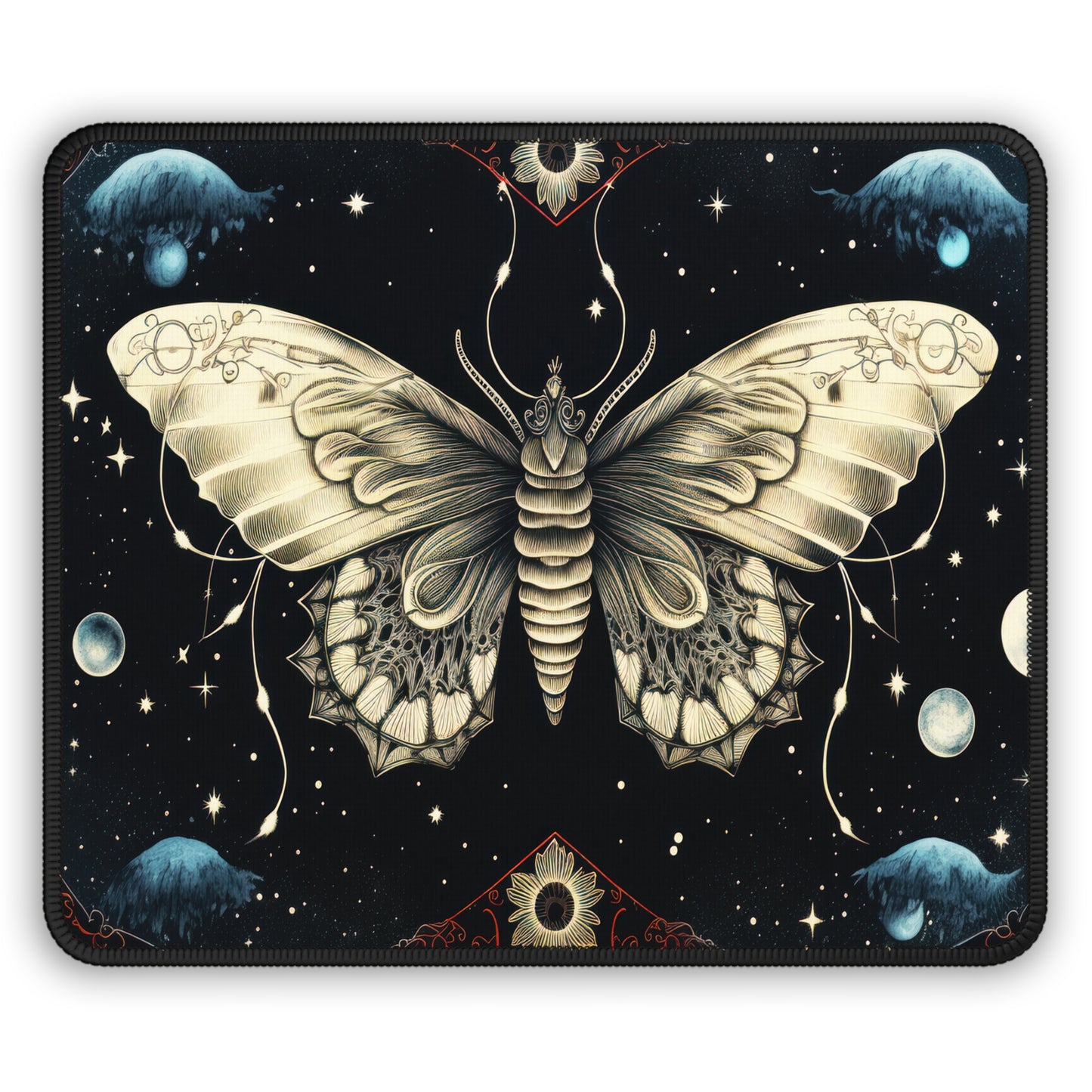 Fantasy Death Moth and Celestial Planets Gaming Mouse Pad with Finished Edges