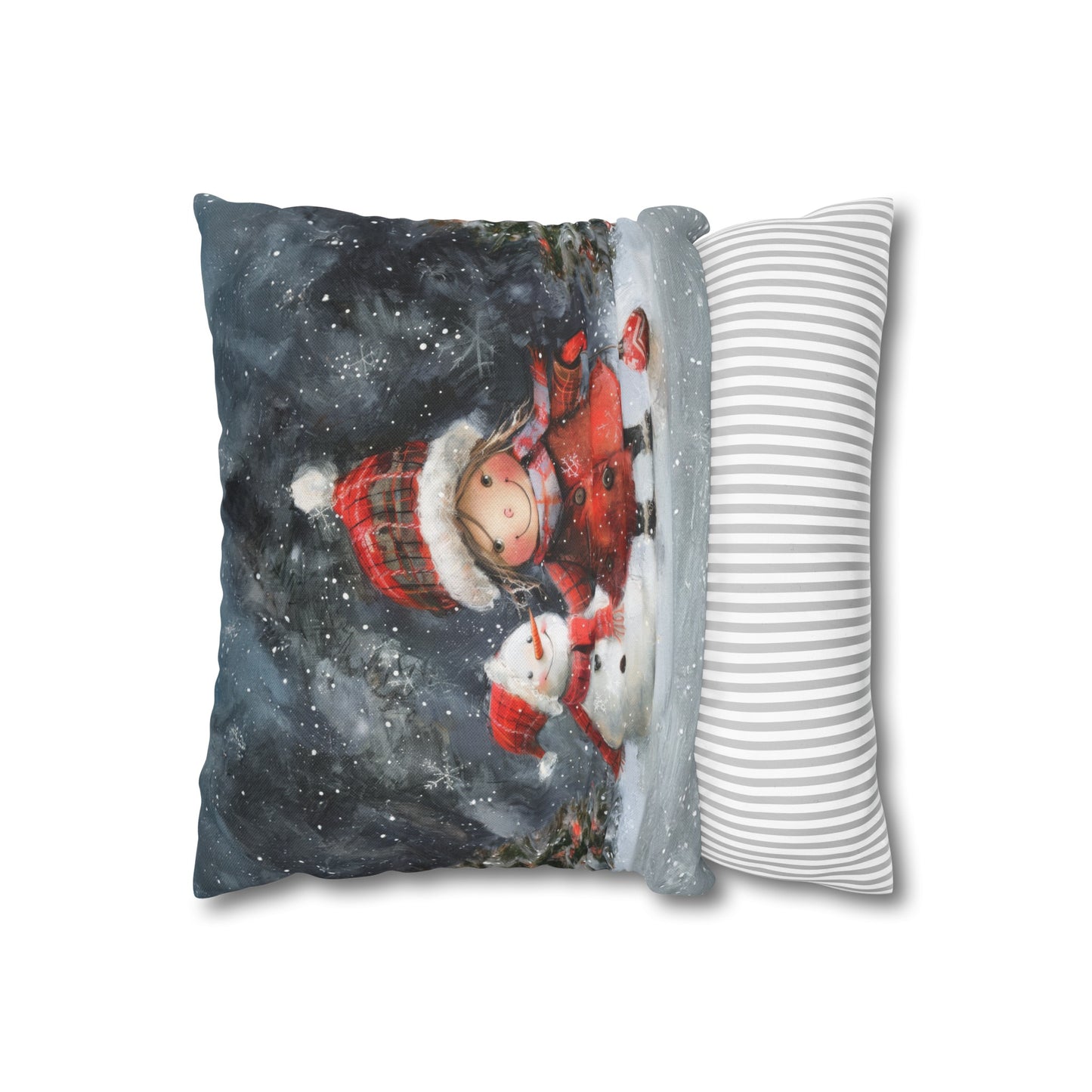 Frosty Friends: Little Girl Standing with Snowman on a Snowy Night Spun Polyester Square Pillowcase 4 Sizes