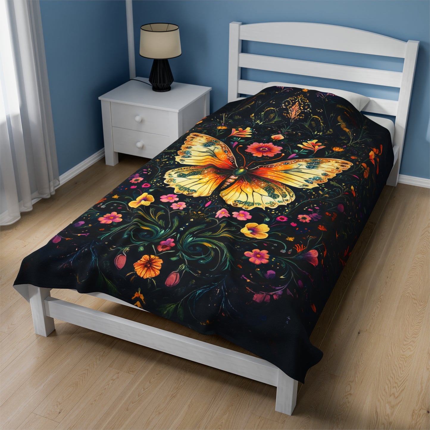 Enchanted Garden of Majestic Butterfly Amidst Midnight Blossoms Velveteen Plush Blanket 3 Sizes