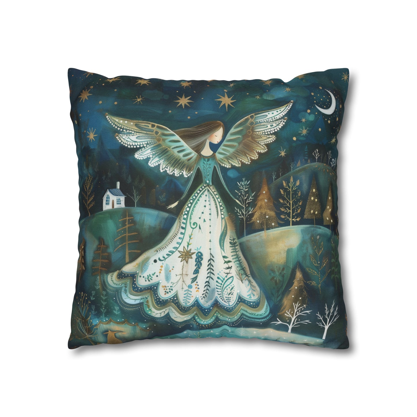 Starry Serenade: Angel in Flowing Dress Amidst a Starry Night Spun Polyester Square Pillowcase 4 Sizes