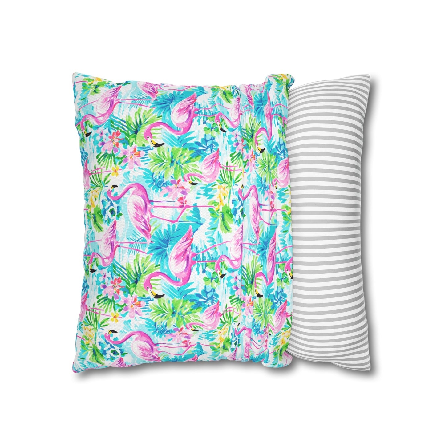 Tropical Flamingo Haven: Surrounded by Flowers and Palm Trees Spun Polyester Square Pillowcase 4 Sizes