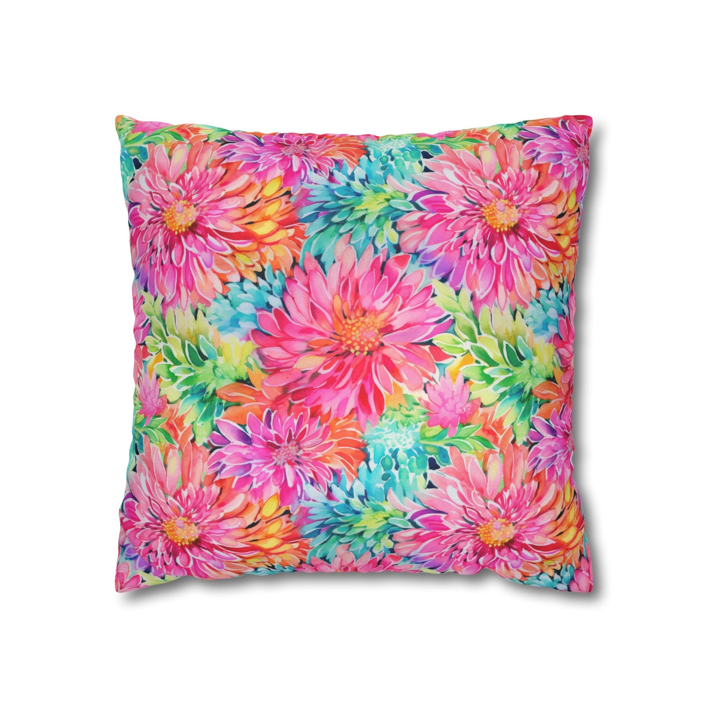 Blooming Spectrum: Large Vibrant Watercolor Flowers in Full Bloom Spun Polyester Square Pillowcase 4 Sizes