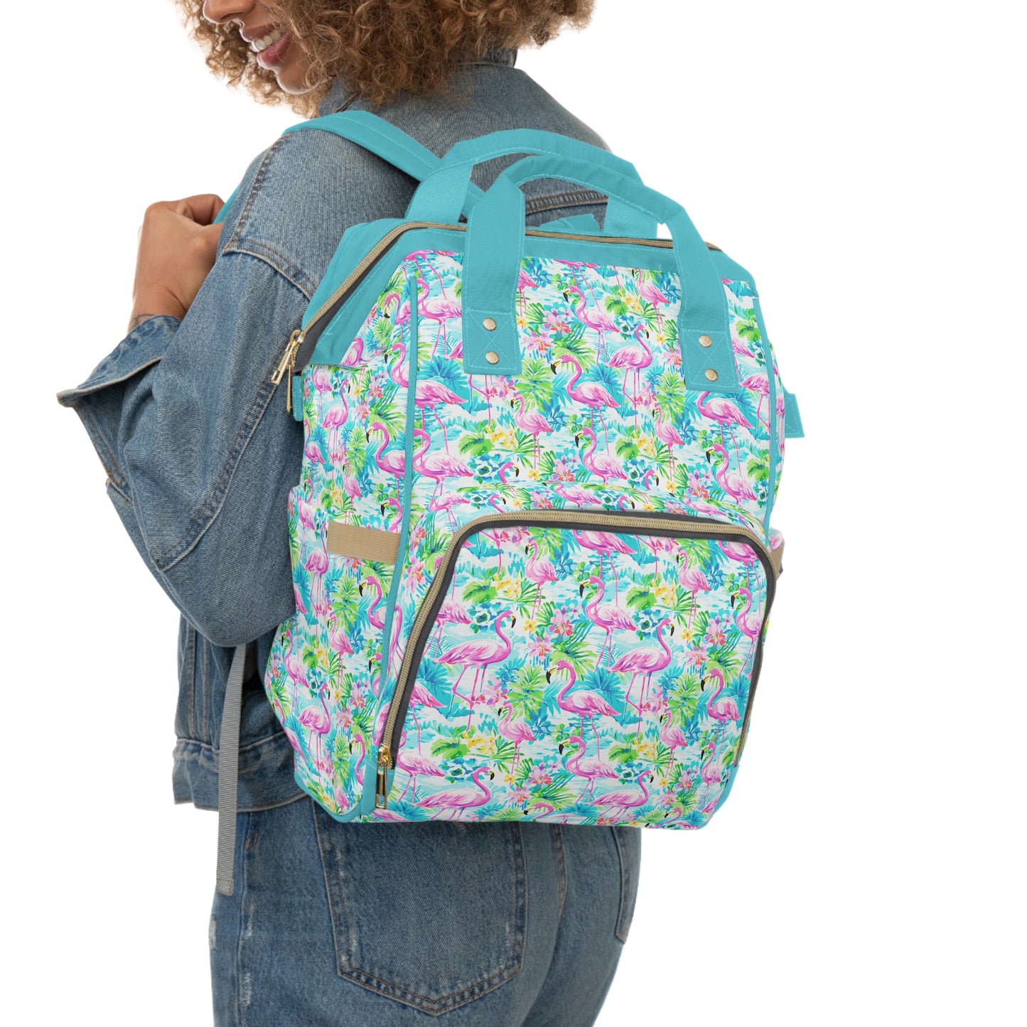 Tropical Flamingo Haven: Surrounded by Flowers and Palm Trees Multifunctional Diaper Backpack