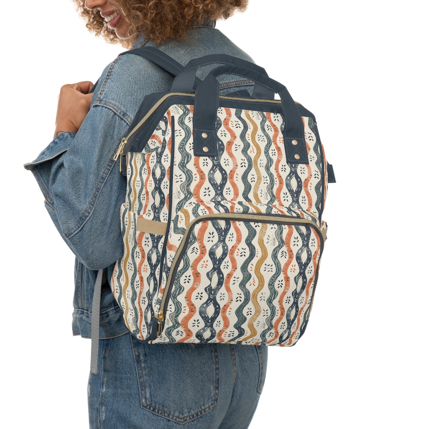 Boho Waves with Earthy Blues Reds and Browns Multifunctional Diaper Backpack