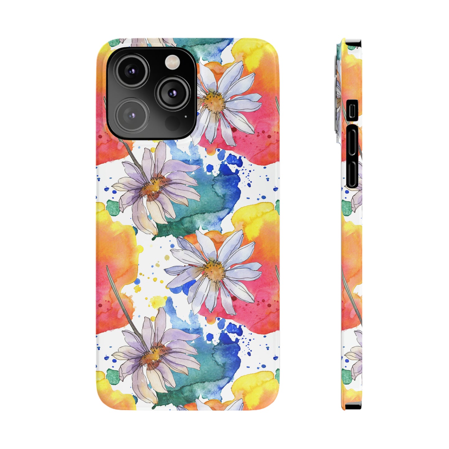 Large Colorful Watercolor Daisy Design Iphone 15-12 Slim Phone Case