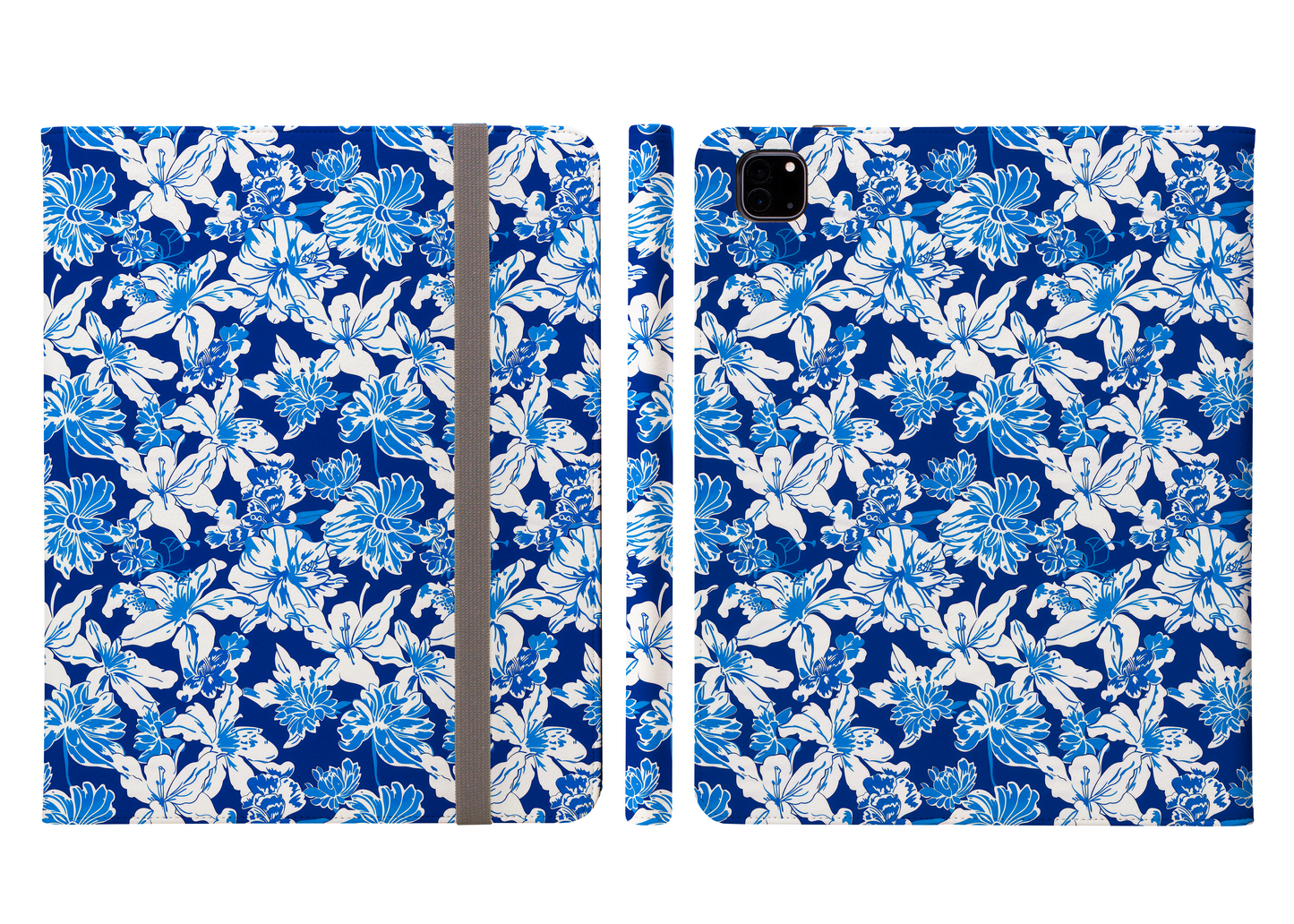 Oceanic Bloom: Watercolor Tropical Flowers in White and Blue against a Deep Blue Protective iPad Pro 11 & Pro 12.9 Protective Case and Pencil Holder