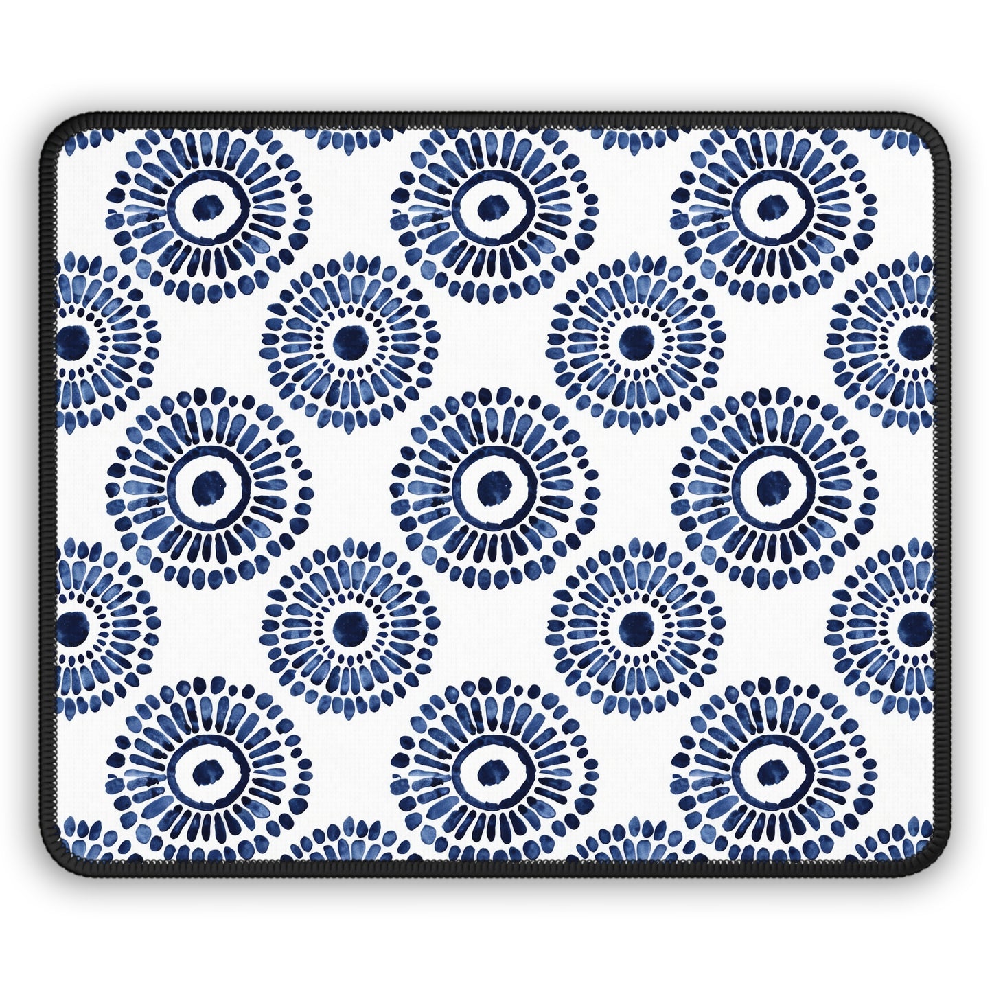 Indigo Sunburst Simple Folk-Inspired Dot Pattern Design Gaming Mouse Pad with Finished Edges