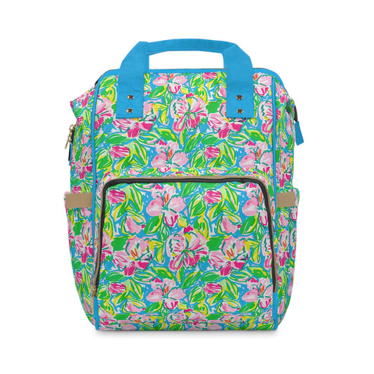 Whispering Meadows: Pink Blossoms, Lush Green Leaves, and Accents of Yellow and Blue Multifunctional Diaper Backpack