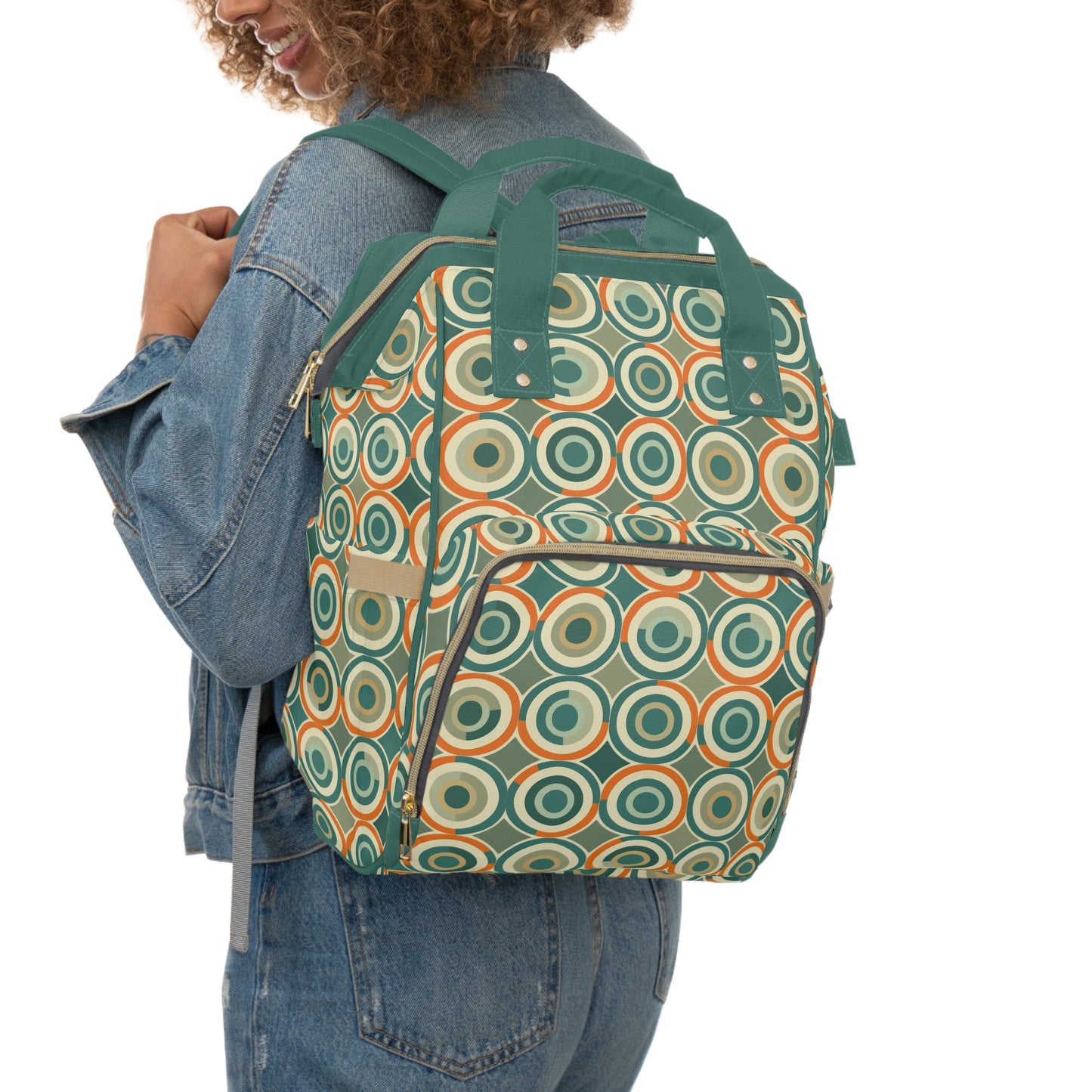 Retro Vintage Circle Pattern in Teal and Orange Multifunctional Diaper Backpack