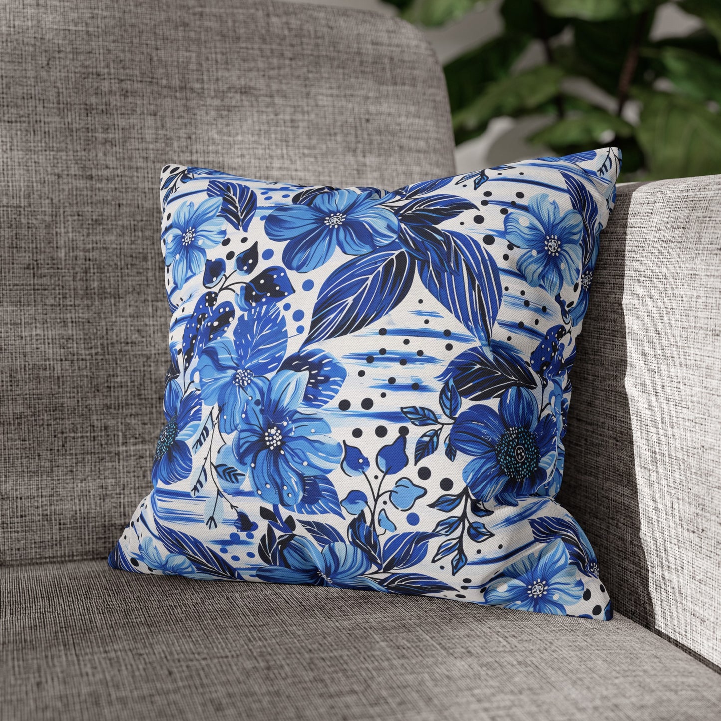 Floral Symphony in Shades of Blue, Harmonized with Abstract Lines Spun Polyester Square Pillowcase 4 Sizes