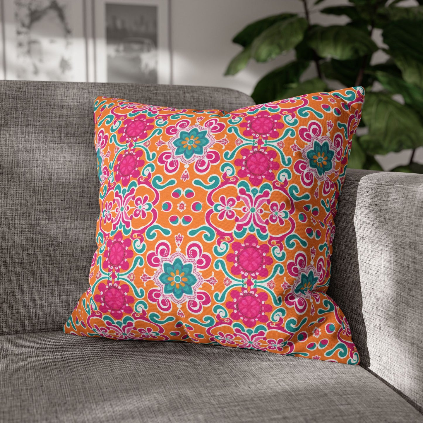 Kaleidoscope of Warm Tangerine, Lush Teal, and Lively Pink Blooms Polyester Square Pillowcase 4 Sizes