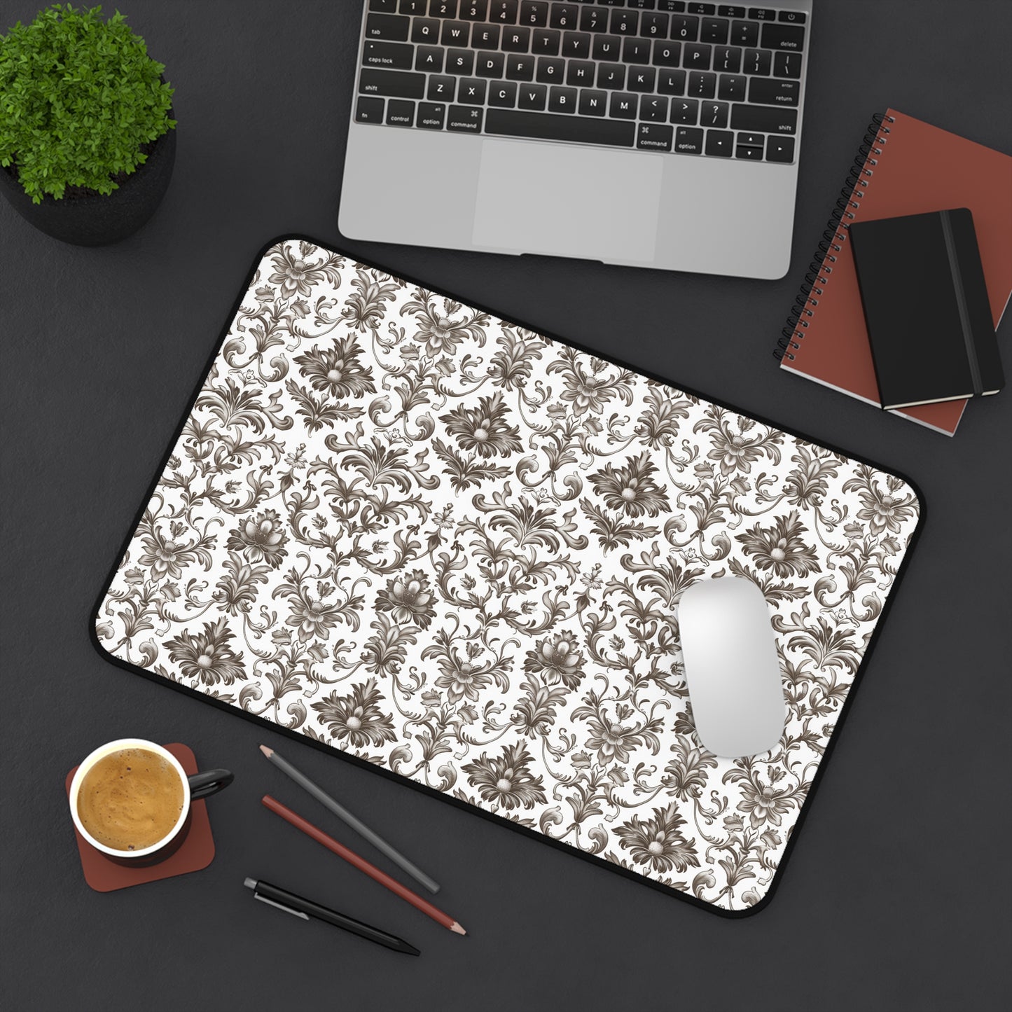 Timeless Rococo Elegance in Detailed Brown and White Floral Pattern Gaming Mouse Pad  Desk Mat  - 3 Sizes