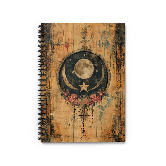 Mystical Vintage Celestial Full Moon Stars and Flowers - Spiral Notebook Ruled Line 6"x8"