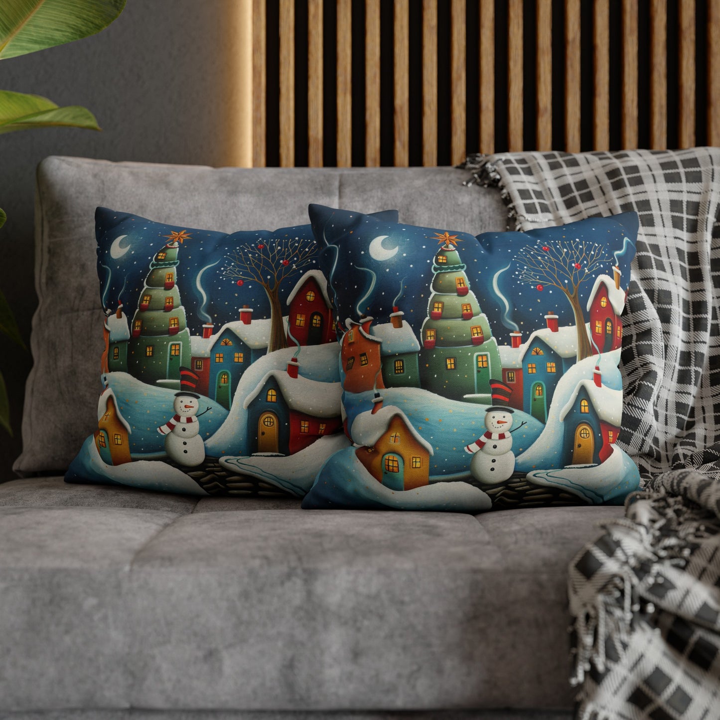 Starry Snowman Serenade: Village under a Starry Night Sky Spun Polyester Square Pillowcase 4 Sizes