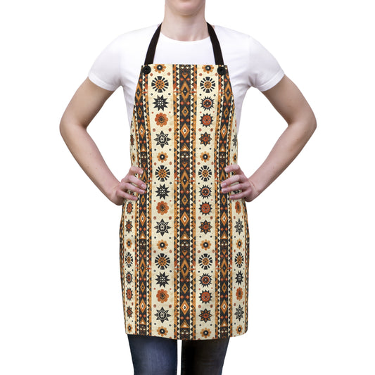 Bohemian Intricate Geometric and Floral Folk Design in Burnt Orange, Deep Brown, and Creamy Beige Kitchen Chef Apron