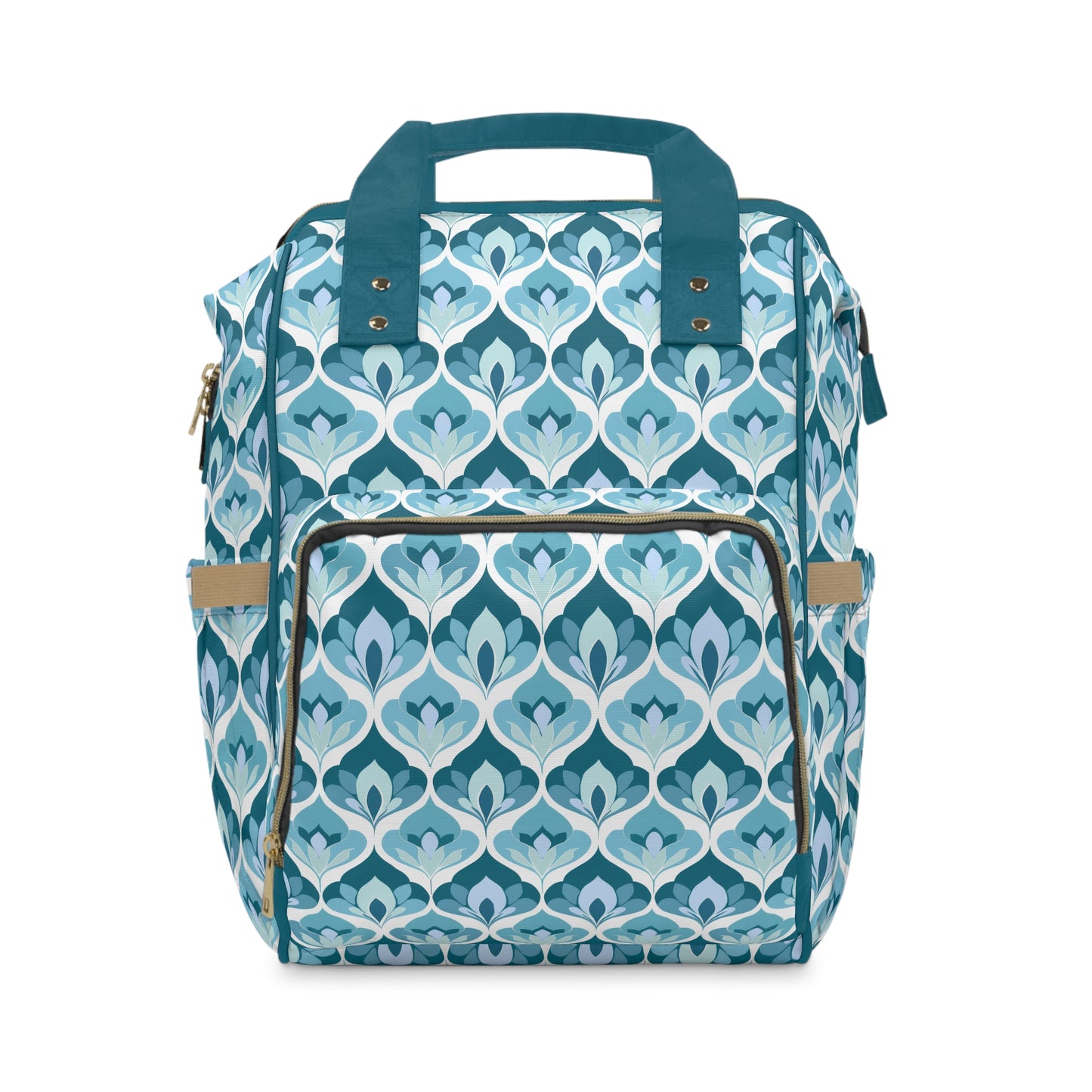 Serene Leaf Motifs Cascading in Cool Hues of Oceanic Blues Multifunctional Diaper Backpack