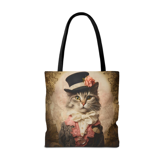 Whimsical Steampunk Feline: Victorian Top Hat and Bow Tie Adorned Cat, Dressed in Pink Lace Canvas Tote Bag - 3 Sizes