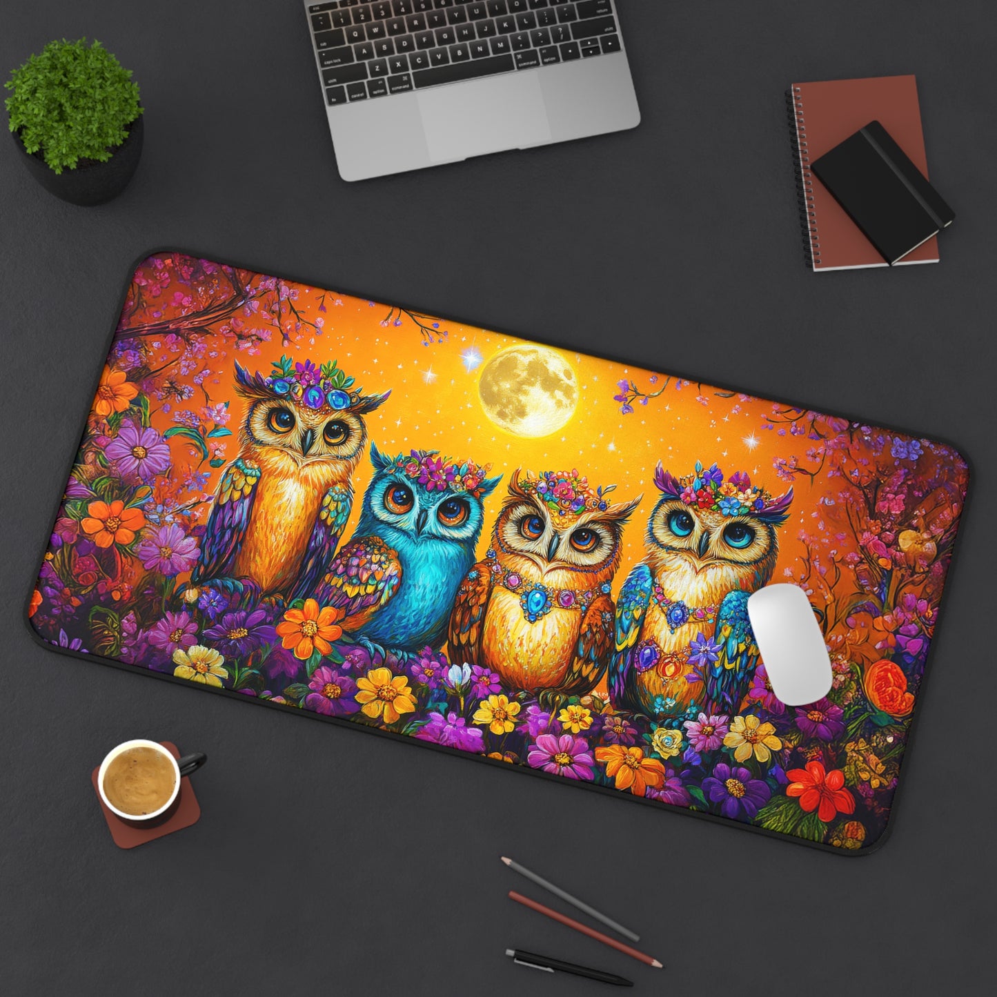 Enchanted Owls Adorned with Floral Crowns Under a Starry Sky Extended Gaming Mouse Pad  Desk Mat  - 3 Sizes