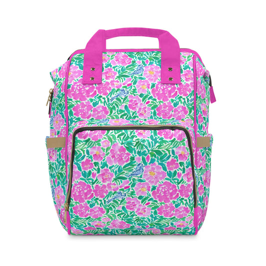 Springtime Whispers: Tiny Birds and Pink Blooms, Subtle Blue Accents, and Lush Green Leaves Multifunctional Diaper Backpack