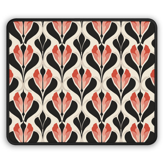 Art Deco Elegance Red Floral Motif on Cream Gaming Mouse Pad with Finished Edges