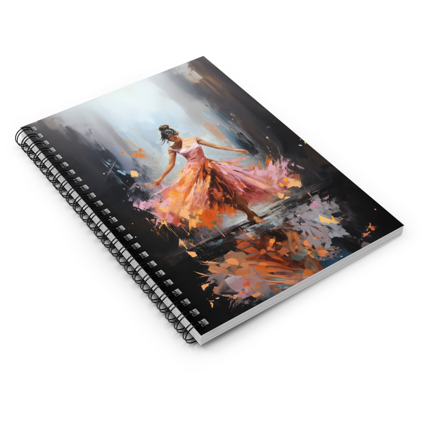 Swirling Splendor: Ballerina in Orange and Pink Dress Dancing Amidst the Reflecting Rain Print - Spiral Notebook Ruled Line 6"x8"