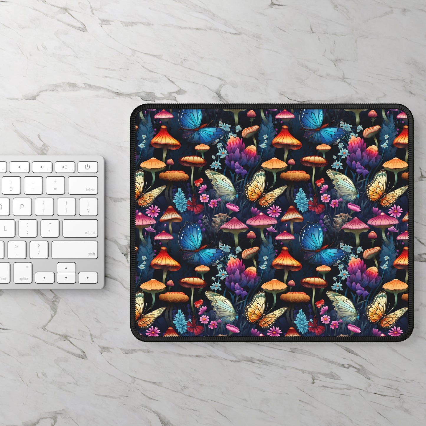 Mystical Butterflies and Mushroom Nighttime Garden Gaming Mouse Pad with Finished Edges