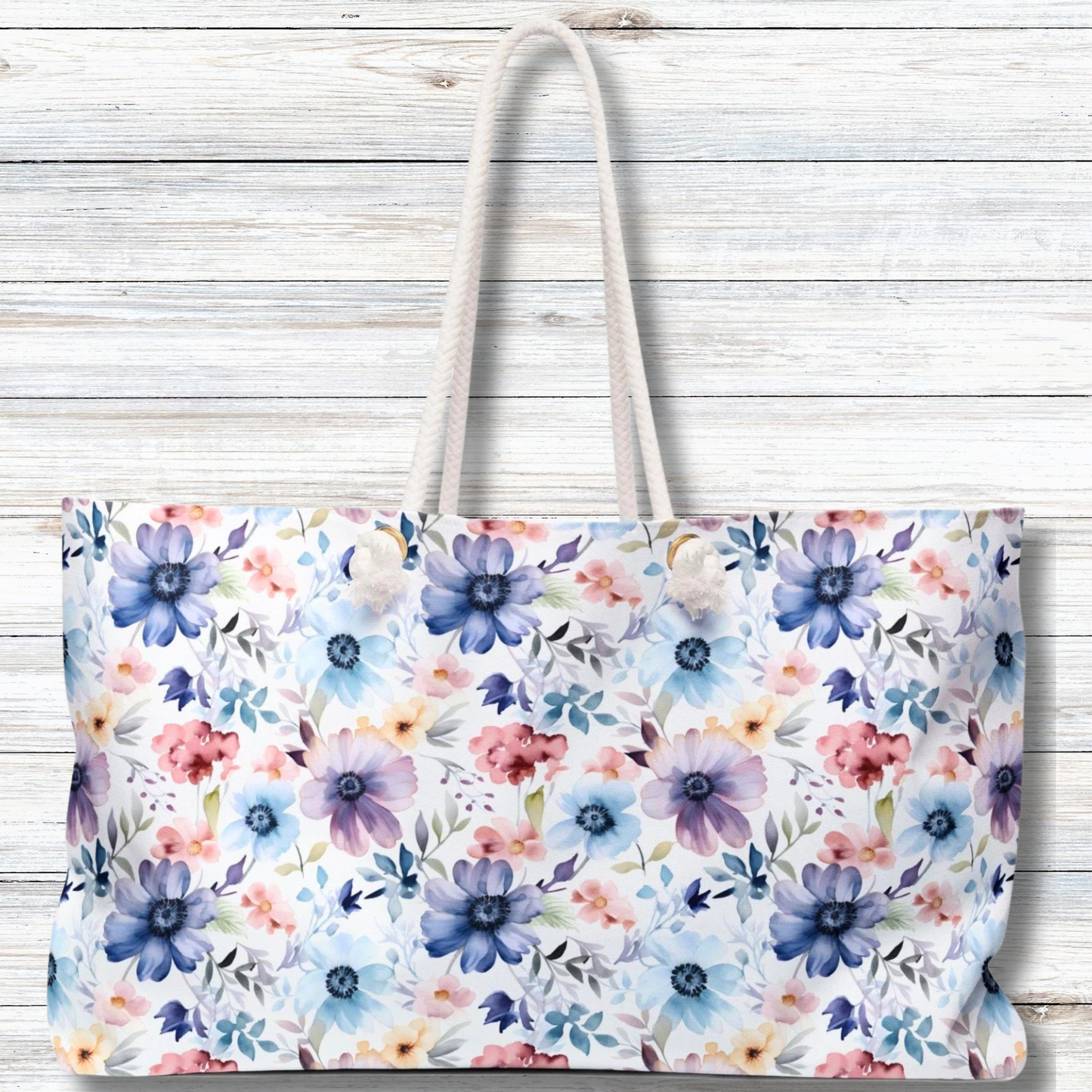 Pastel Pink Purple and Blue Watercolor Flowers  - Weekender Oversized Canvas Tote Bag 24" × 13"