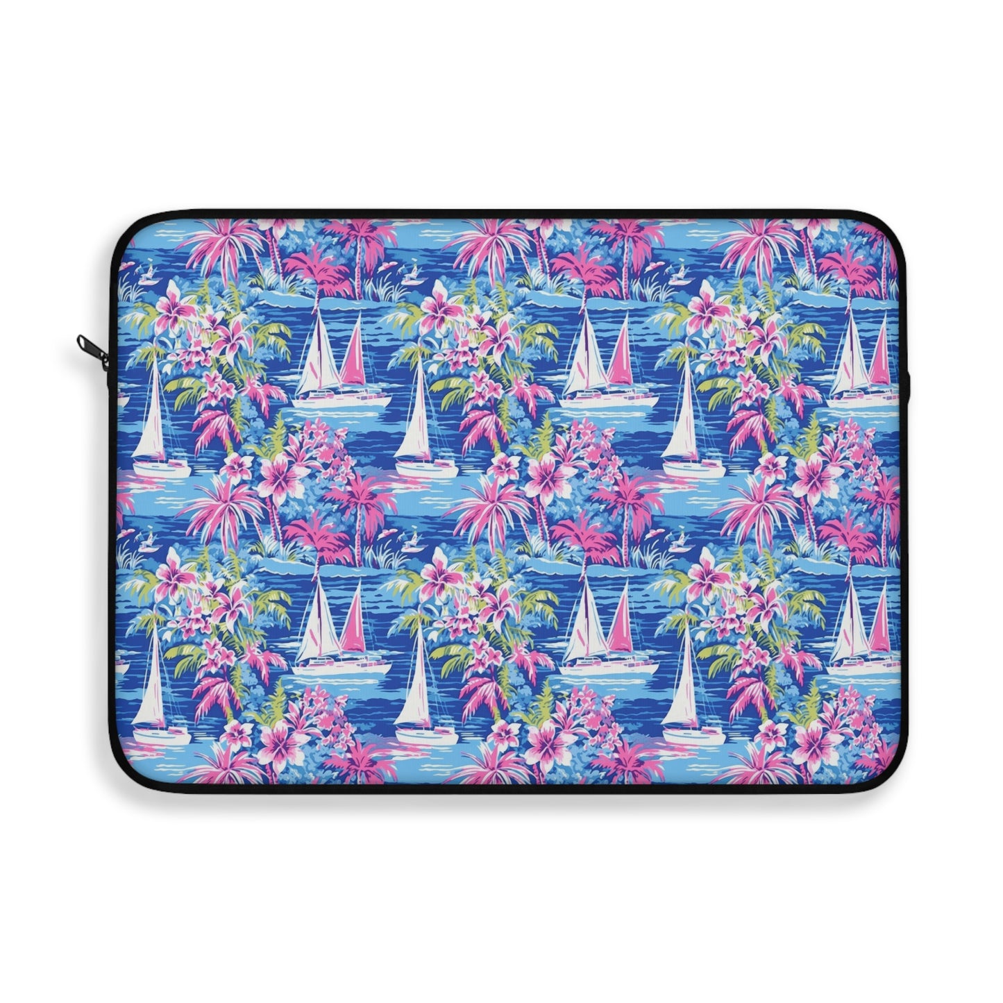 Sailing Tropics: Watercolor Sailboats Amidst Ocean Waves, Tropical Flowers, and Palm Trees Laptop or Ipad Protective Sleeve 3 Sizes Available