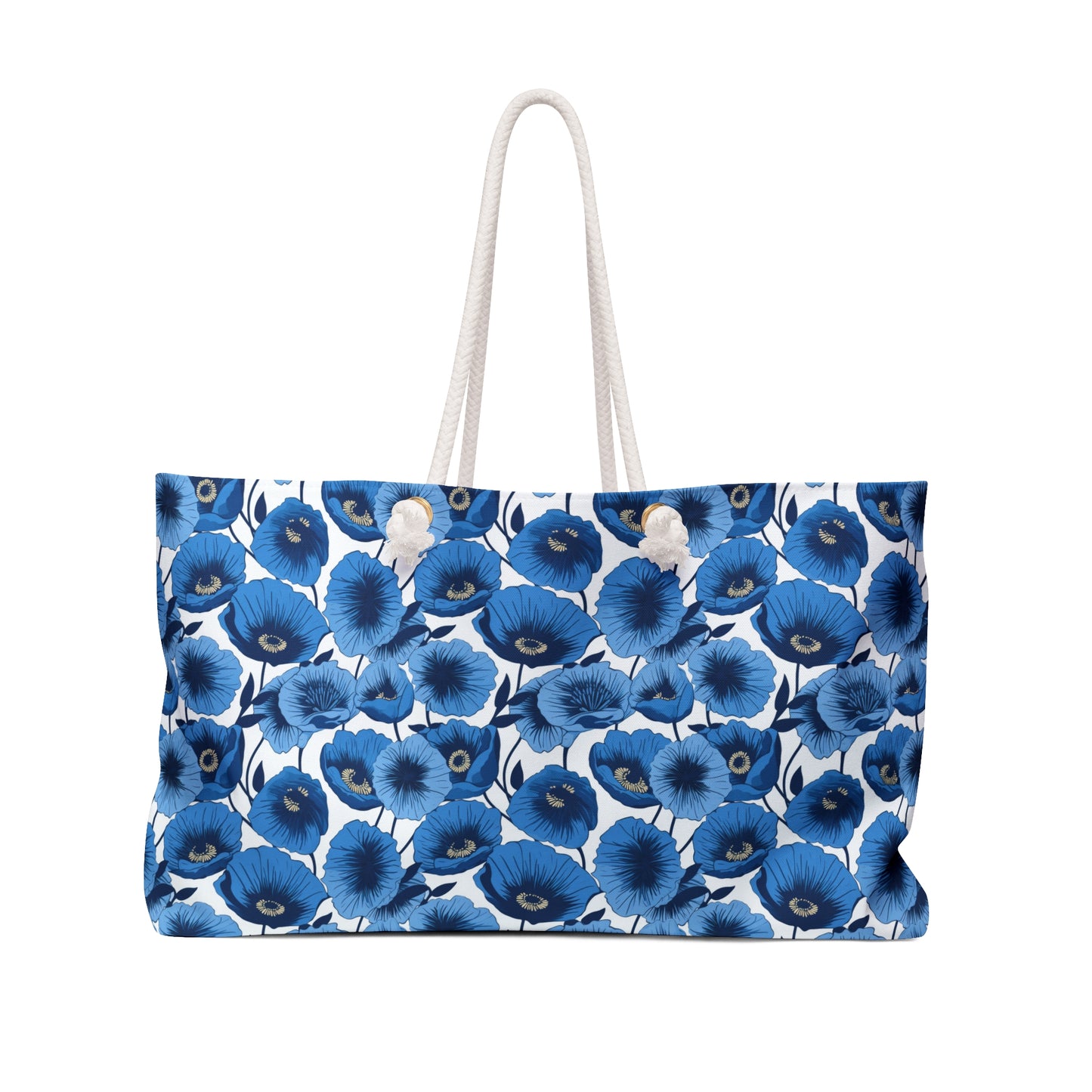 Vivid Blooms Bright Blue Poppies Design - Weekender Oversized Canvas Tote Bag 24" × 13"