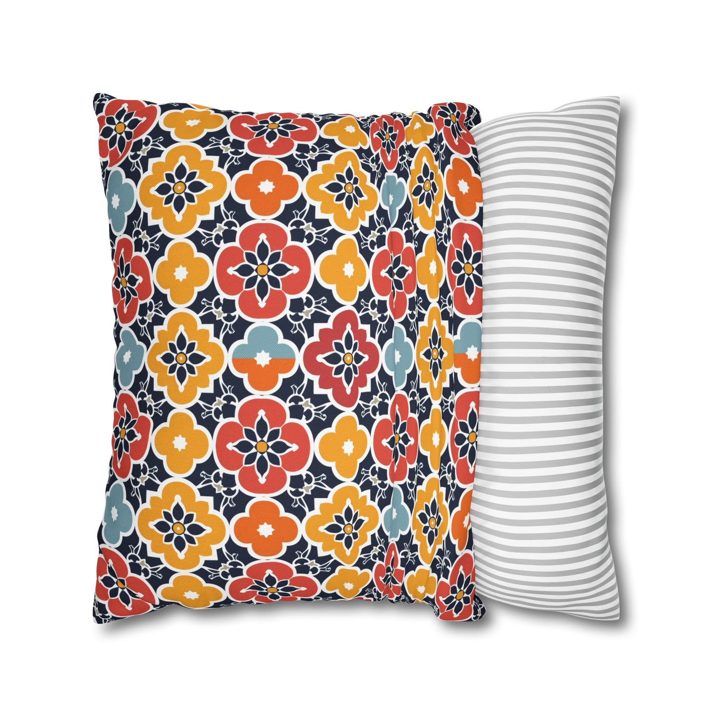 Vibrant Moroccan Orange, Gold and Blue Tile Pattern Spun Polyester Square Pillowcase 4 Sizes