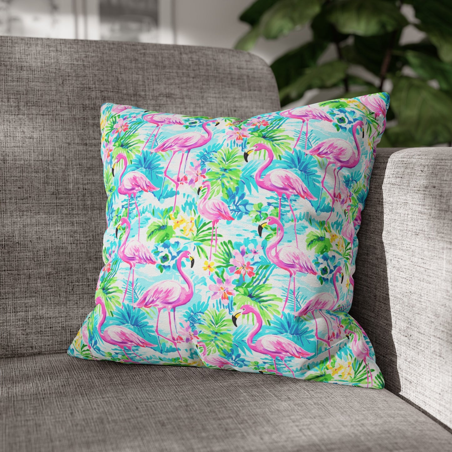 Tropical Flamingo Haven: Surrounded by Flowers and Palm Trees Spun Polyester Square Pillowcase 4 Sizes