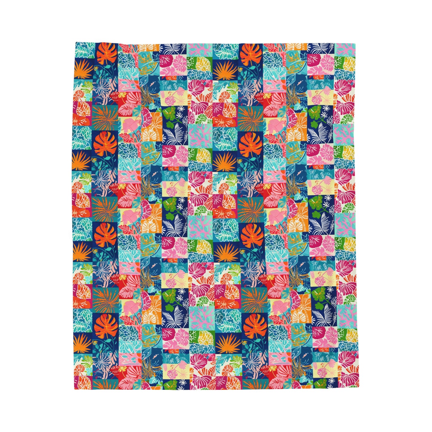 Vibrant Mosaic of Tropical Unique Shapes and Hues, from Vivid Oranges to Deep Blue Leaves and Flowers Velveteen Plush Blanket 3 Sizes