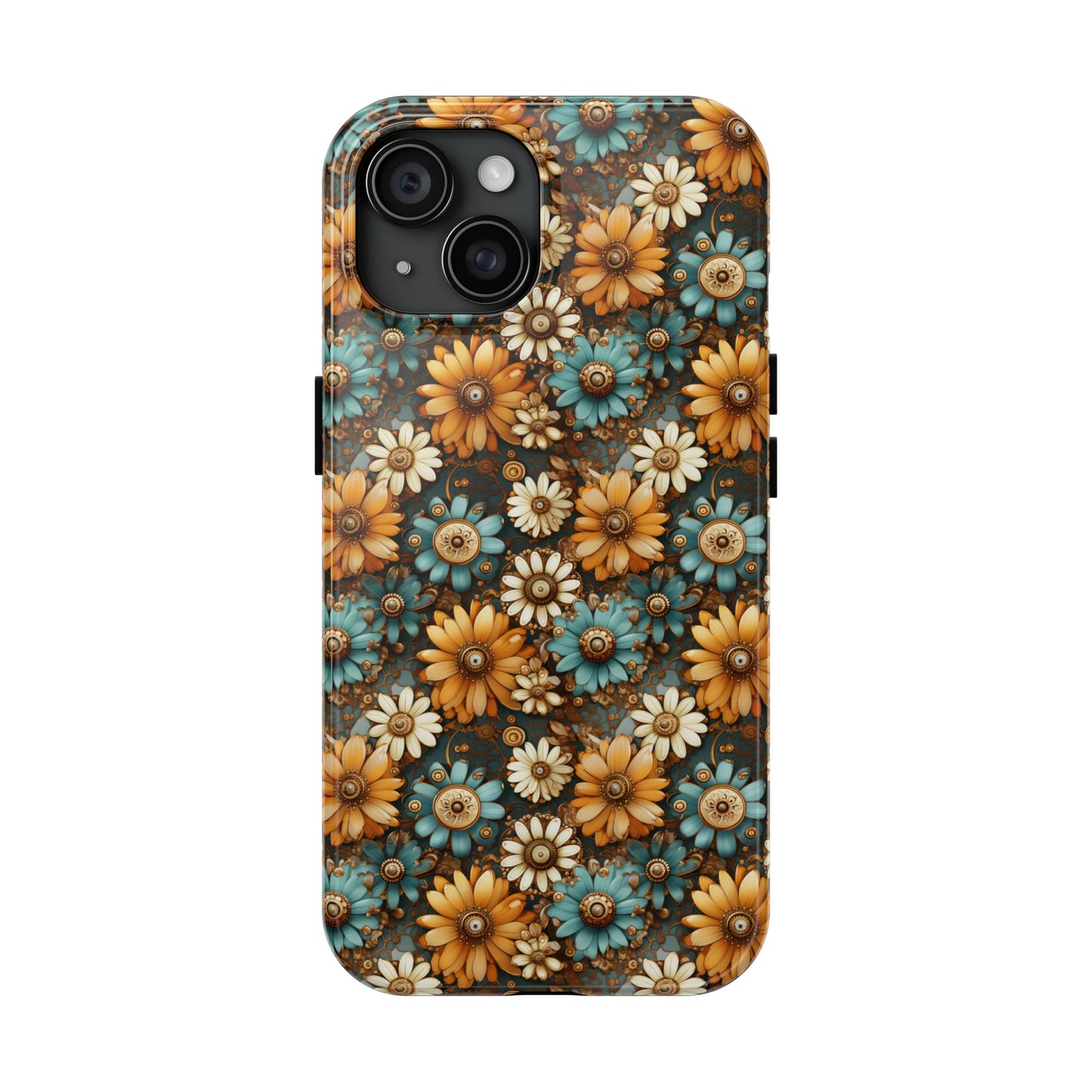 Victorian Steampunk Cream Gold and Teal Flowers with Gears and Mechanical Elements Iphone Tough Phone Case