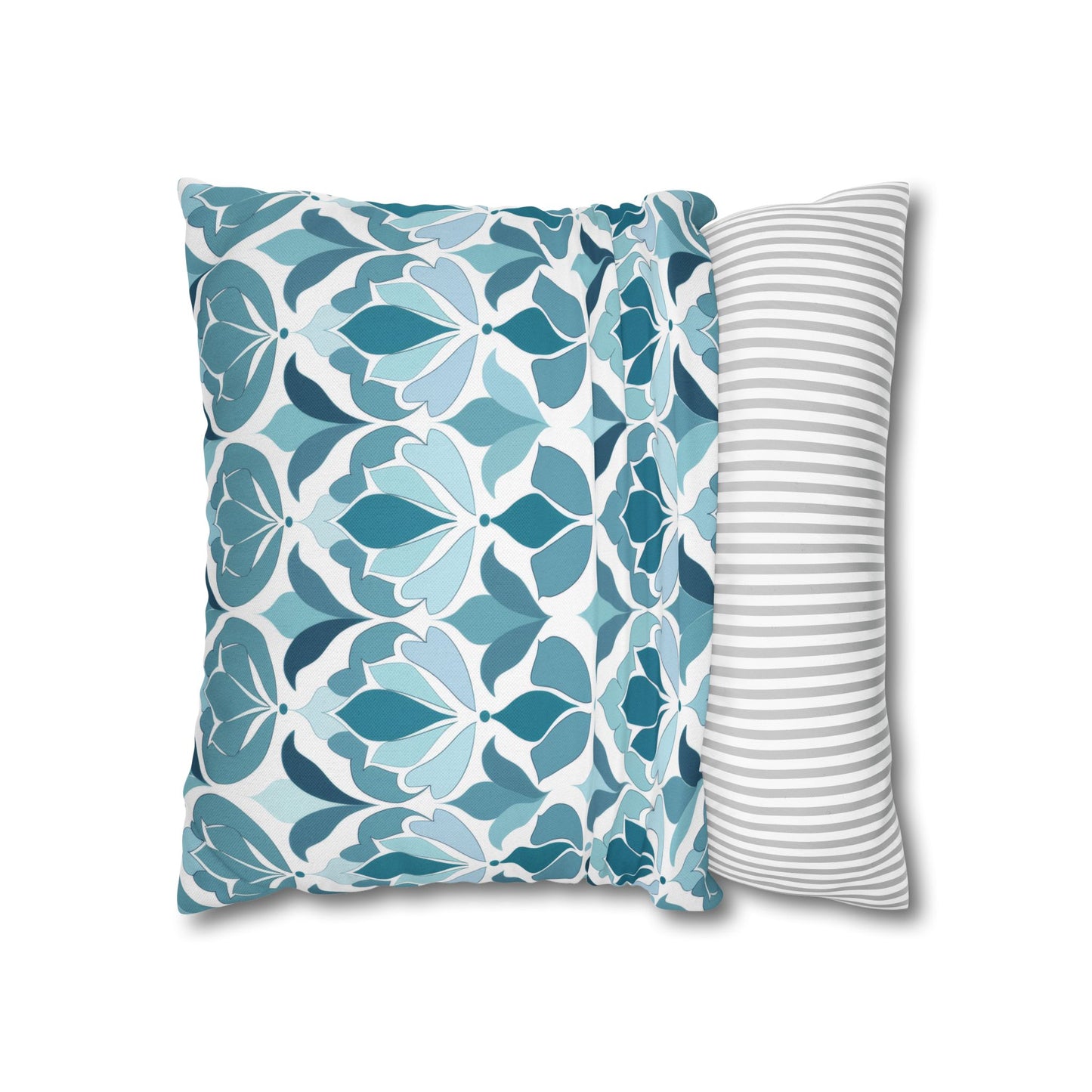 Serene Floral Pattern in Shades of Aqua and Teal, Forming Graceful Botanical Motifs Spun Polyester Square Pillowcase 4 Sizes