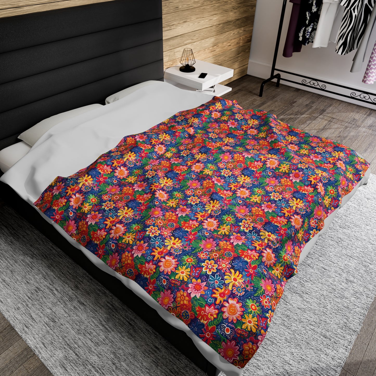 Fluttering Kaleidoscope: Vibrant Multicolor Flowers and Butterflies in Flight Velveteen Plush Blanket 3 Sizes