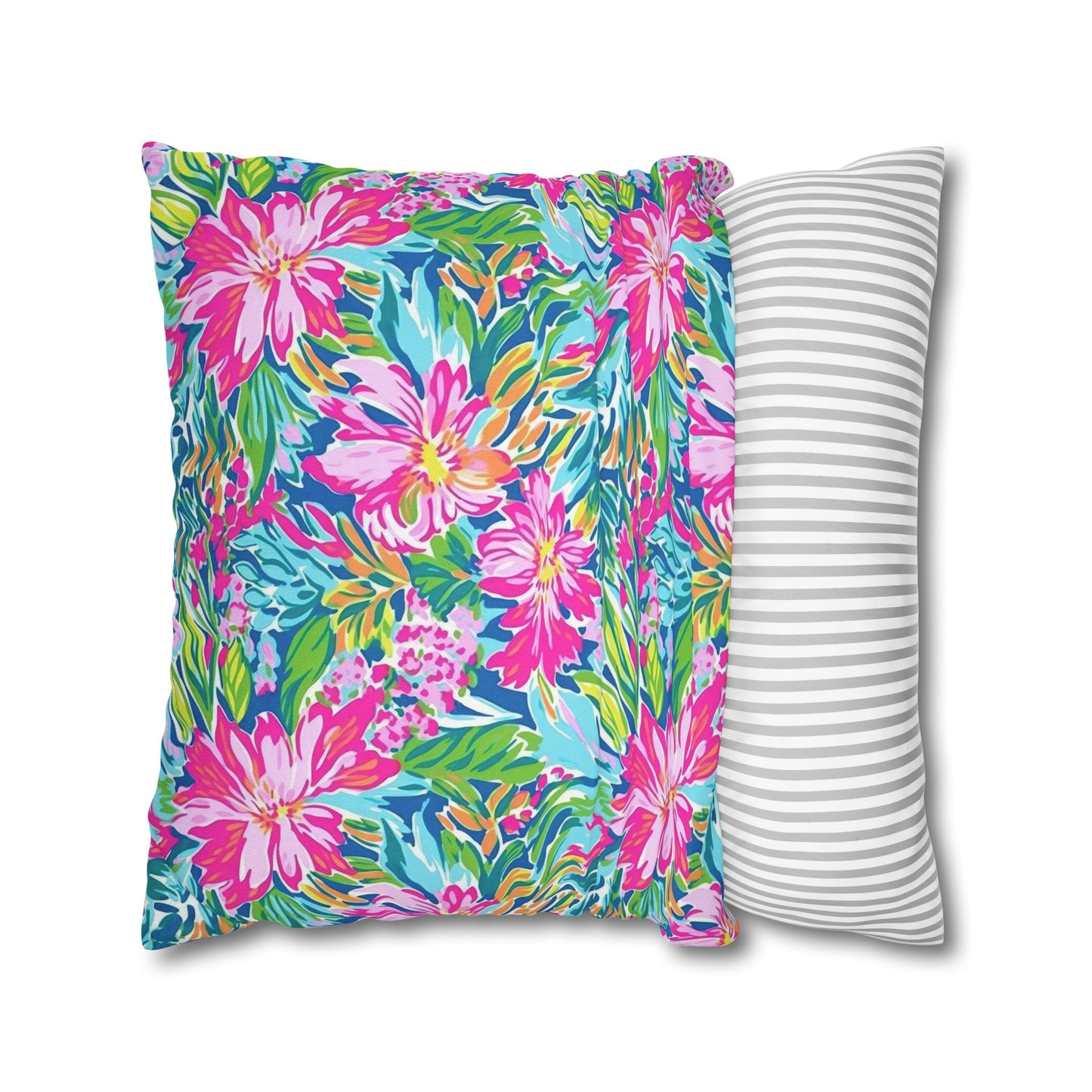 Sunlit Symphony: Large Blooms of Pink, Blue, and Green in Watercolor Spun Polyester Square Pillowcase 4 Sizes