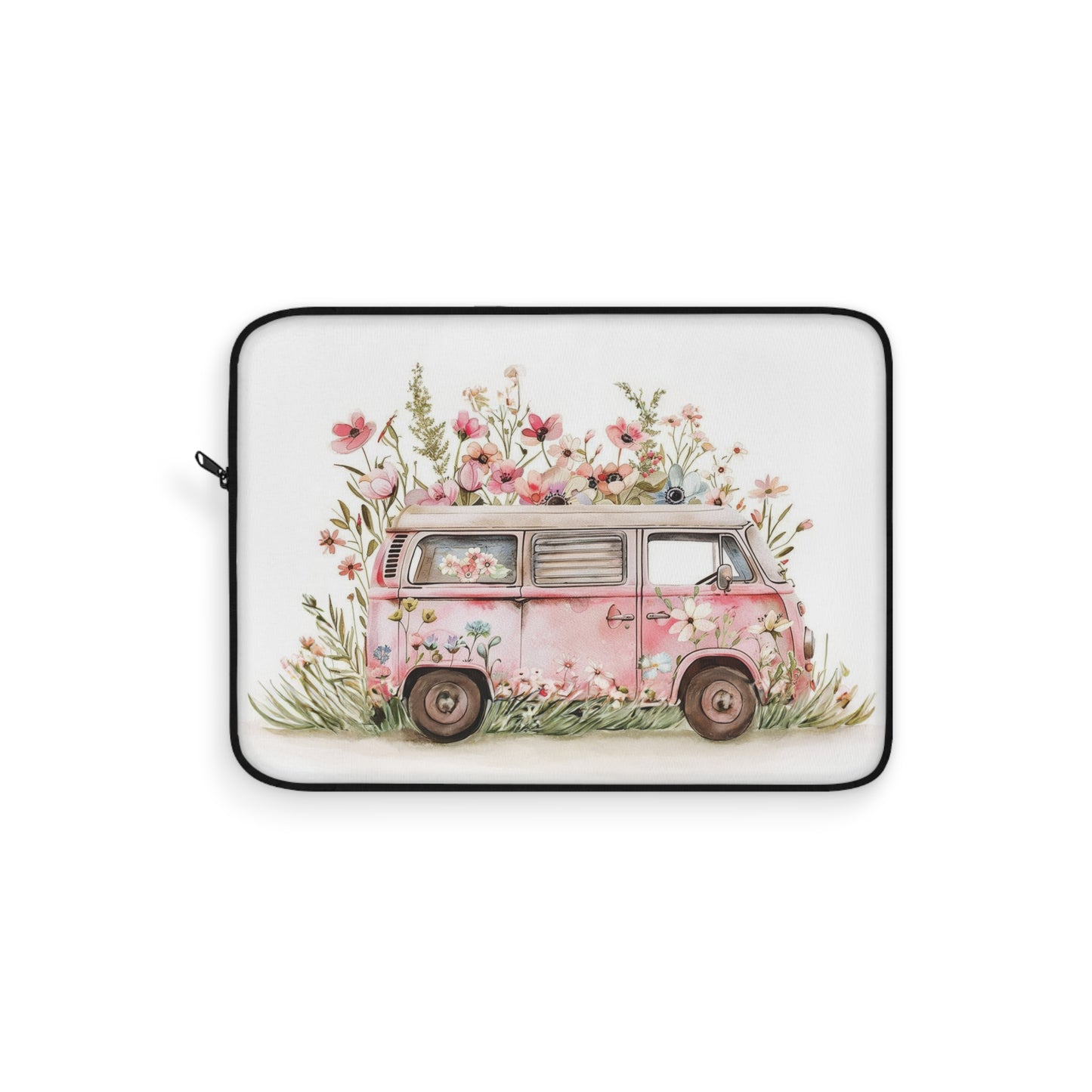 Pastel Petal Cruiser: Light Pink VW Bus Adorned with Pastel Paint Flowers Laptop or Ipad Protective Sleeve 3 Sizes Available