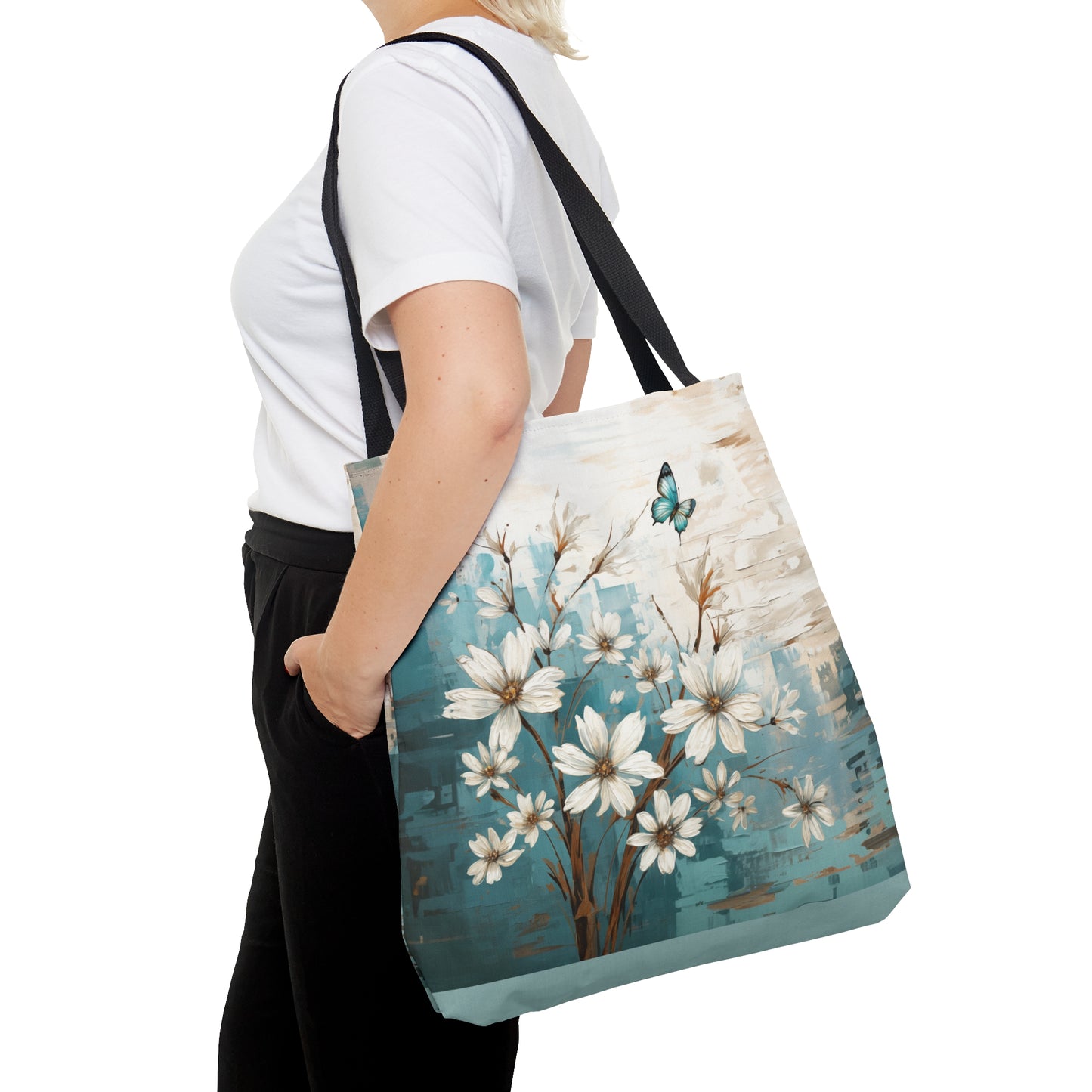 Rustic Farmhouse White and Teal Wild Daisies and Butterflies  - Canvas Tote 3 Sizes