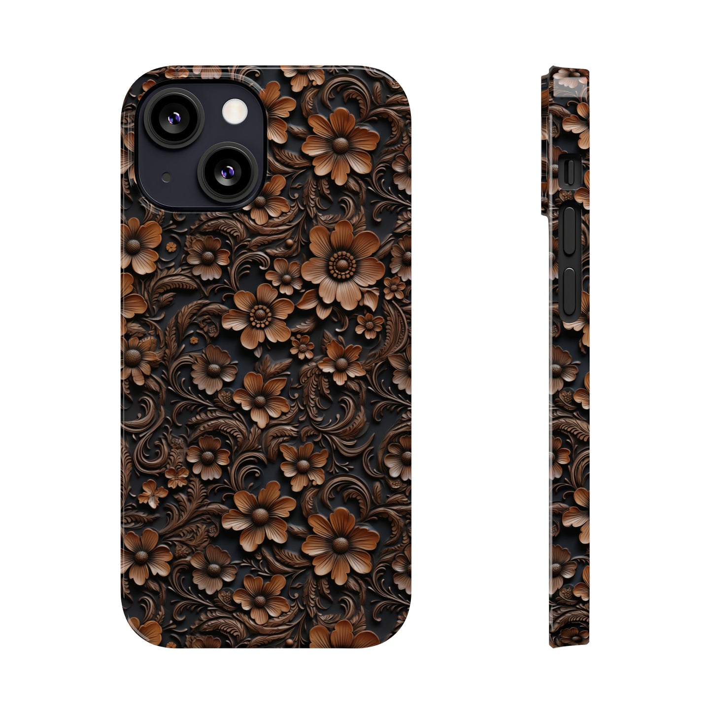 Tooled Deep Brown Leather Flowers Print Design Iphone 15-12 Slim Phone Case