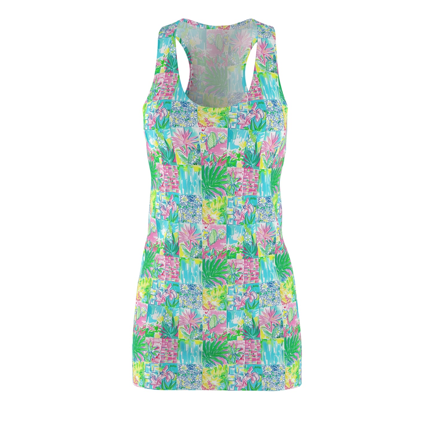 Whimsical Palm Trees and Flowers in Vibrant Pink, Teal, and Green Collage Women's Racerback Dress XS - 2XL