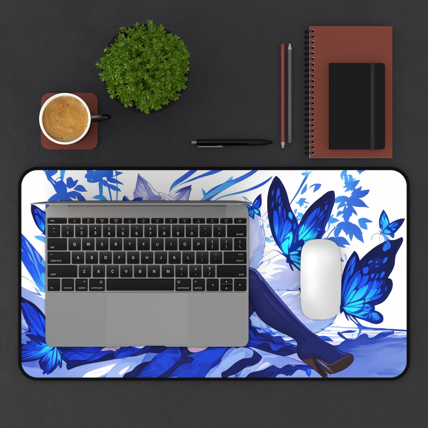 Anime Kitsune Fox Girl Mousepad, Blue Butterflies Anime Desk Mat, Extra Large Mousepad, Gaming Desk Mat, Desktop Accessory